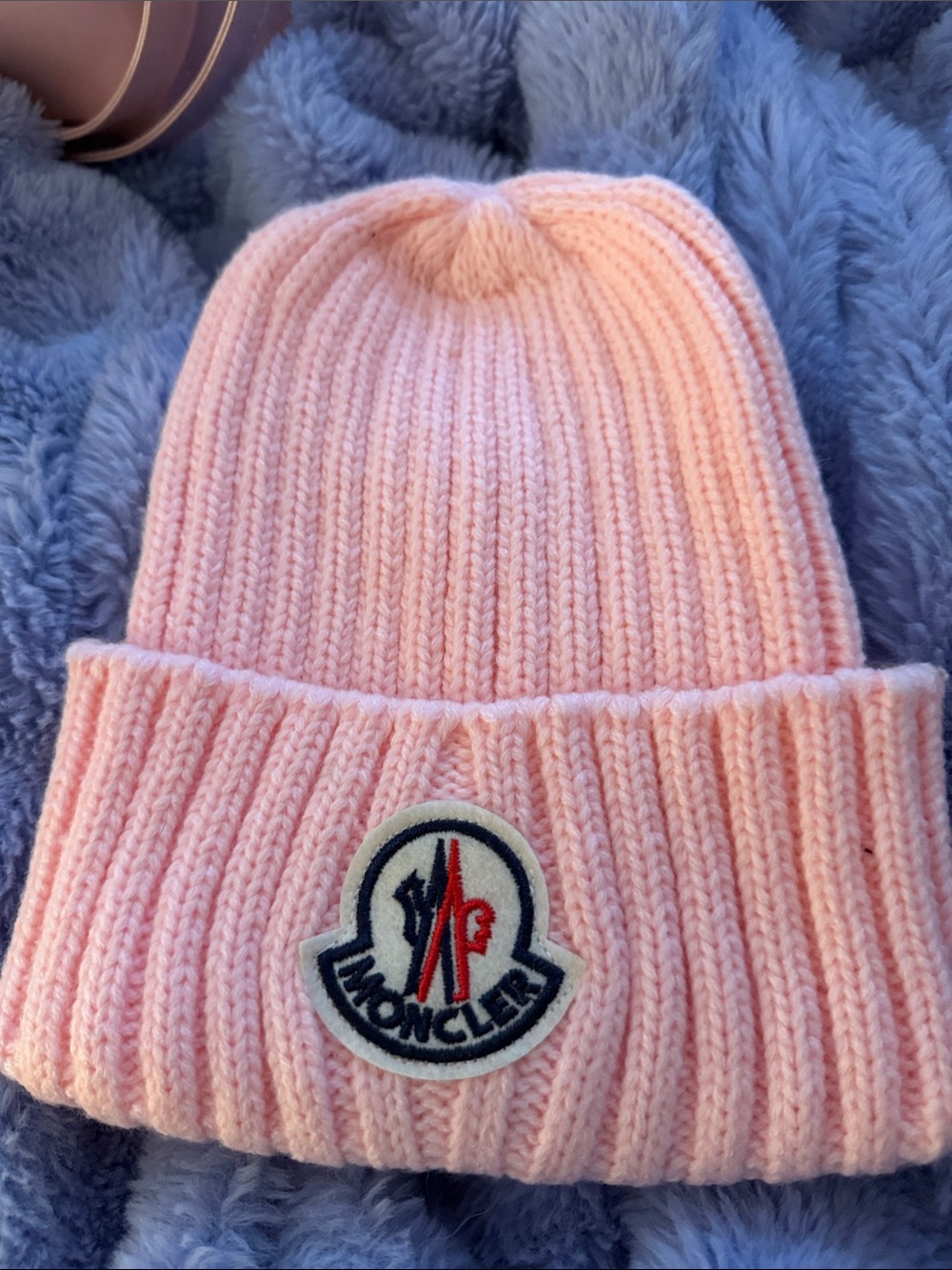 Moncler Kids Light Pink Ribbed Knit Cuffed Beanie